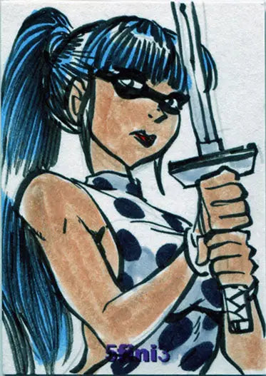 Stylized cartoon woman with blue hair holding a sword from Female Persuasion trading cards