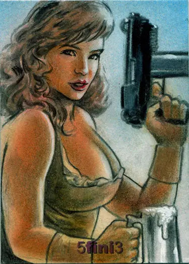 Woman with wavy hair and handgun in Female Persuasion Series 5 trading card by Huy Truong