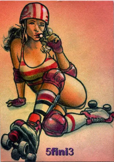 Roller derby skater in striped outfit with microphone for Female Persuasion trading cards