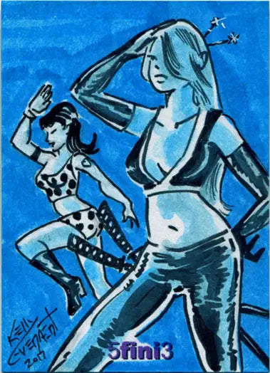 Stylized illustration of women dancing in revealing outfits for Female Persuasion trading cards