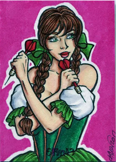 Illustration of a woman with long braids in a dress, part of Female Persuasion trading cards