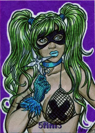 Stylized illustration of a masked woman holding a bird for Female Persuasion trading card