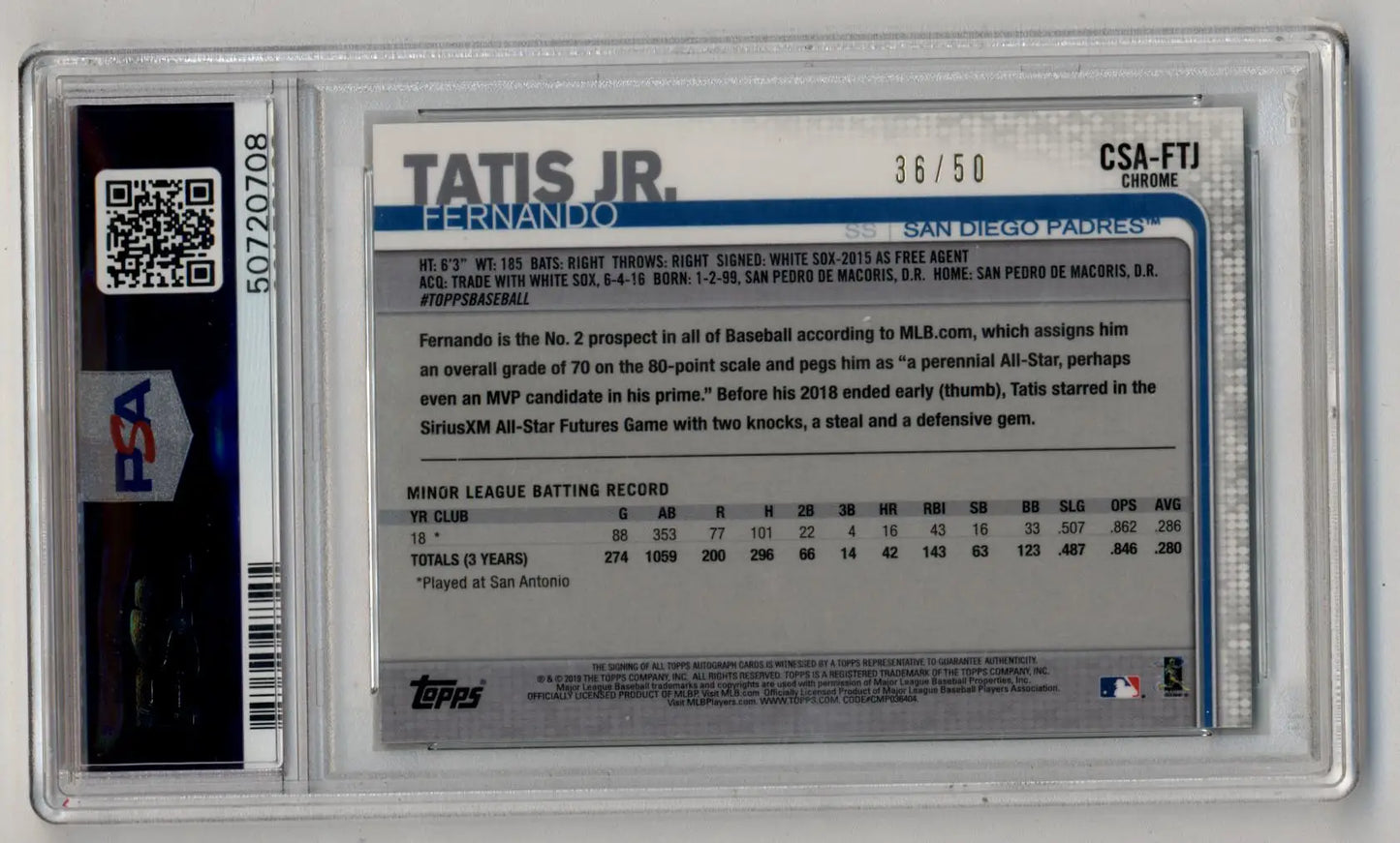 Fernando Tatis Jr 2019 Topps Chrome Sapphire Green Refractor Auto 36/50 PSA 10 Gem Mint - Baseball Card Single