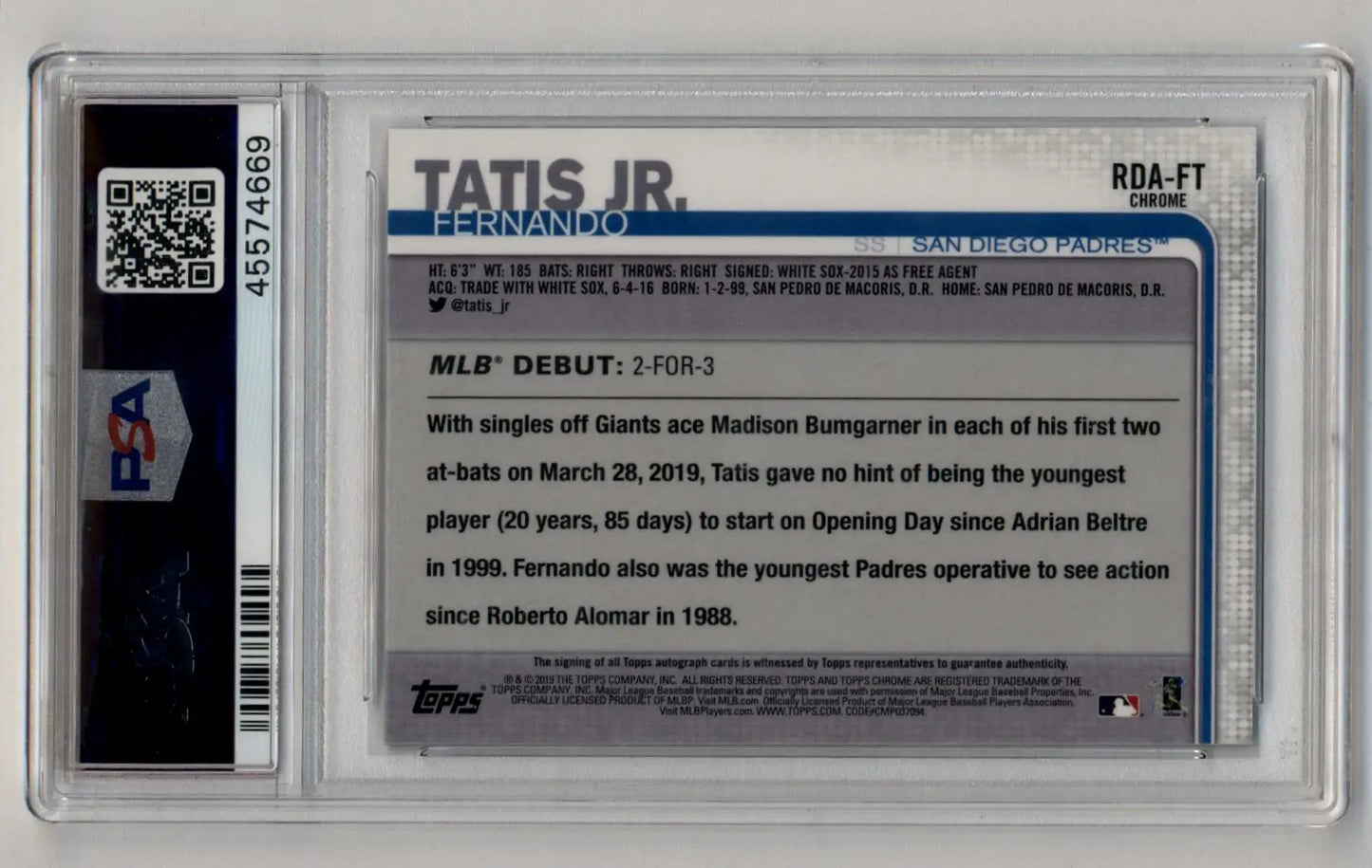 Fernando Tatis Jr 2019 Topps Chrome Update Rookie Debut Auto PSA 10 Gem Mint - Baseball Card Single