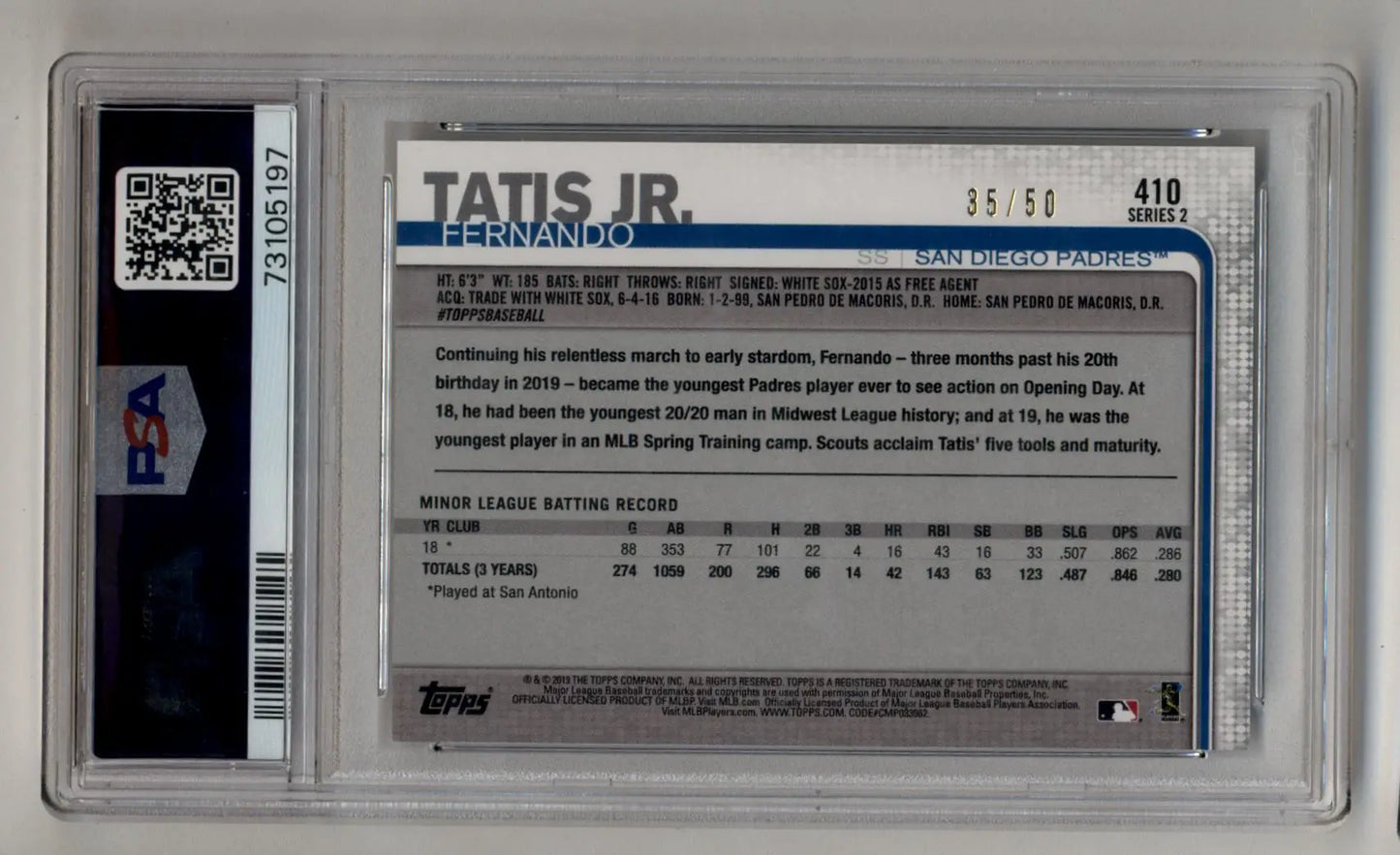 Fernando Tatis Jr 2019 Topps Father’s Day 35/50 PSA 8 Near Mint-Mint - Baseball Card Single