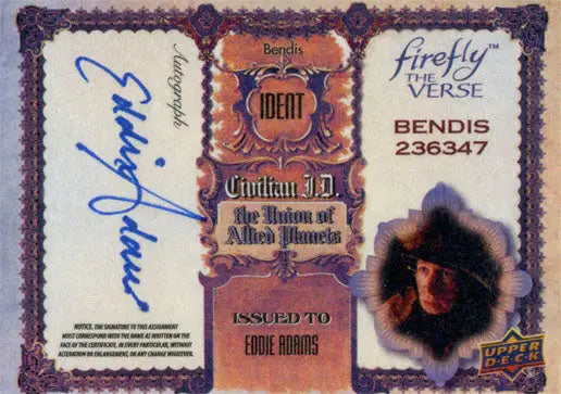 Trading card featuring Eddie Adams as Bendis from Firefly with autograph and series info