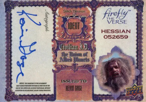 Identification card from Firefly featuring Kevin Gage as Stitch Hessian in trading cards