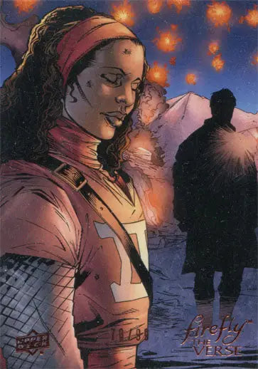 Stylized illustration of a woman with curly hair showcasing Firefly the Verse Leather Parallel trading cards