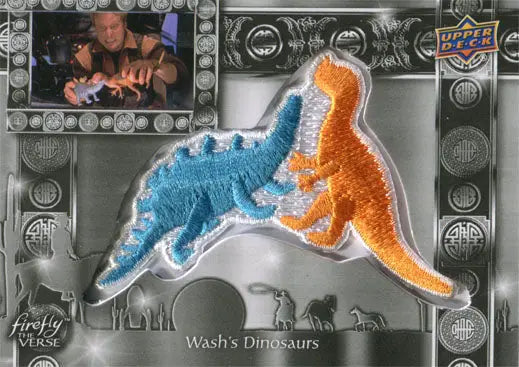 Colorful embroidered patch with blue and orange dinosaurs for Firefly trading cards