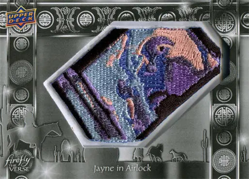 Embroidered patch of stylized horse on pink background for Firefly trading cards