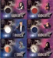 Collage of trading cards featuring individuals against vibrant backgrounds with circular designs