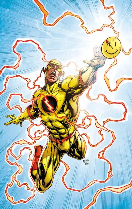 Comic book character in yellow suit with lightning bolt emblem and blood-stained smiley button