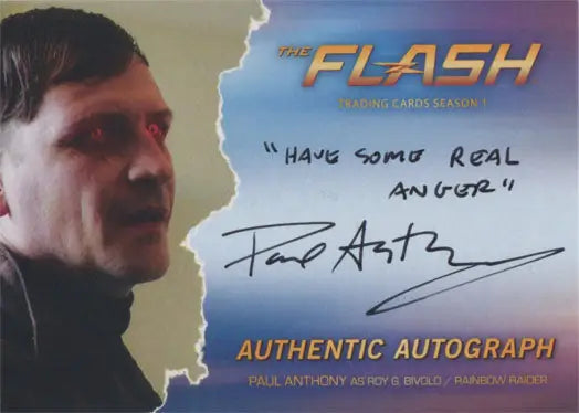 Autographed Flash Season 1 card featuring Paul Anthony as Bivolo Rainbow Raider