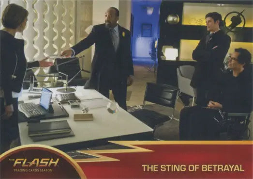 Group of people in tense discussion at office desk illustrated on Flash Season 1 logo parallel chase card