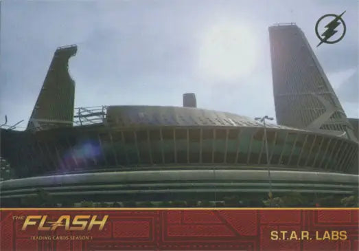Futuristic circular building and dome atop Flash Season 1 Gold Logo Parallel Chase Card