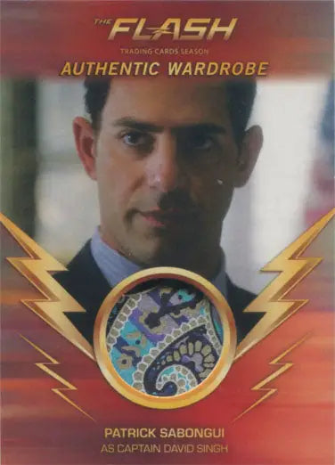Collectible trading card of Captain David Singh, featuring Patrick Sabongui and fabric swatch