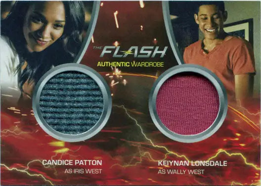 Collectible trading card featuring costume fabric swatches from The Flash Season 2