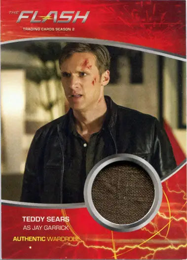 Trading card featuring circular fabric swatch and photo of Teddy Sears as Jay Garrick