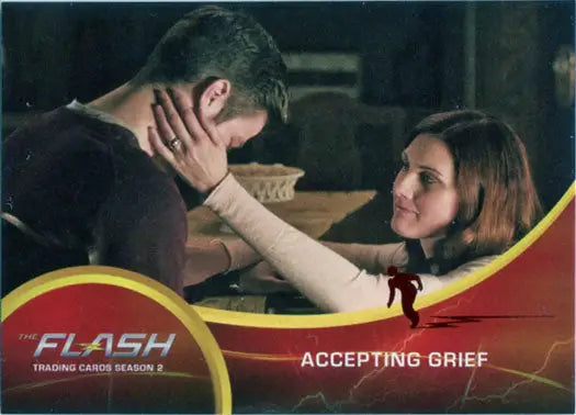 Trading card of emotional scene from The Flash featuring Scarlet Speedster Deco Red Foil