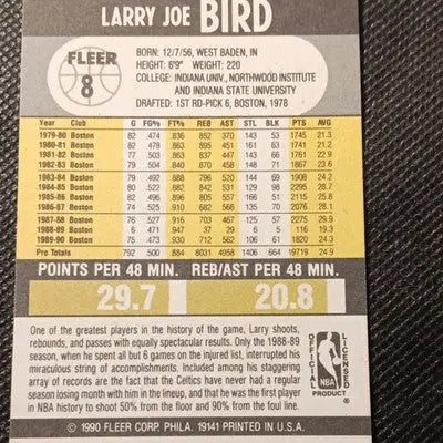 Fleer 1990 Fleer Larry Bird #8 Boston Celtics NBA. LEGEND! NRMT+ - Basketball Card Single