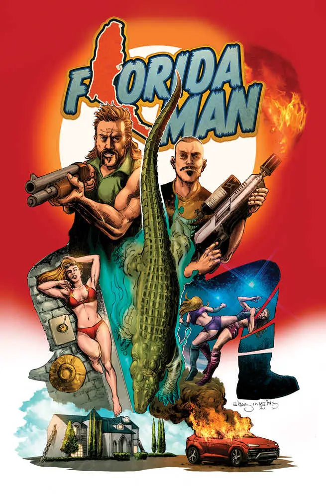 Comic book-style Florida Man #2 artwork with an alligator, action scenes, and explosions