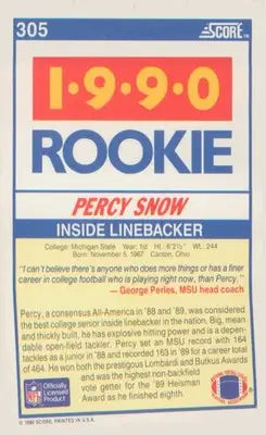 Football 1990 Score #305 Percy Snow RC RC - Football Card Single