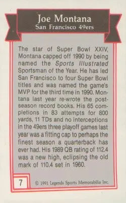 Football 1991 Legends Sports Memorabilia #7 Joe Montana - Football Card Single