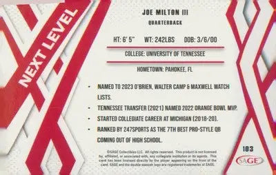 Football 2024 SAGE HIT #103 Joe Milton III - Football Card Single