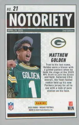 Football 2025 Panini Mosaic Notoriety #21 Matthew Golden - Football Card Single