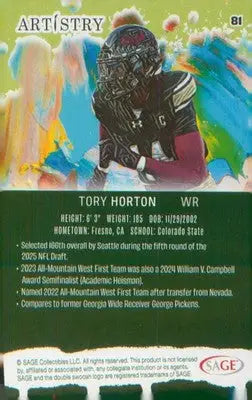 Football 2025 SAGE Artistry #81 Tory Horton - Football Card Single