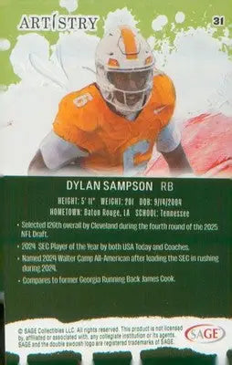 Football 2025 SAGE Artistry Silver #31 Dylan Sampson - Football Card Single