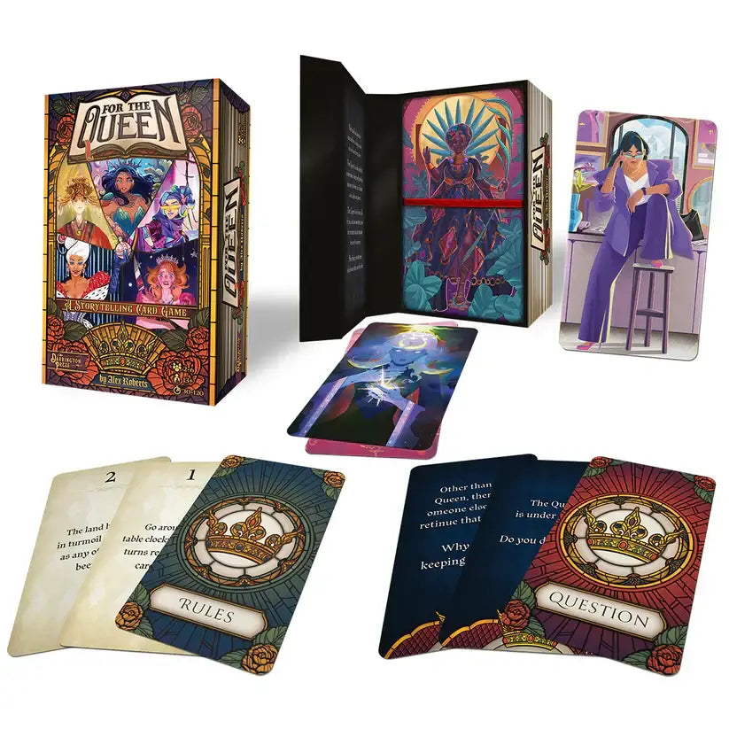 For the Queen storytelling card game by Alex Roberts with cards and rulebook for dramatic narrative
