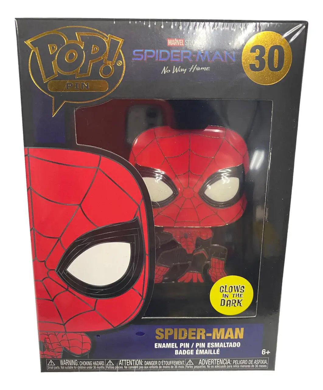 Funko Pop Pin Spider-Man No Way Home vinyl figure glowing in the dark packaging