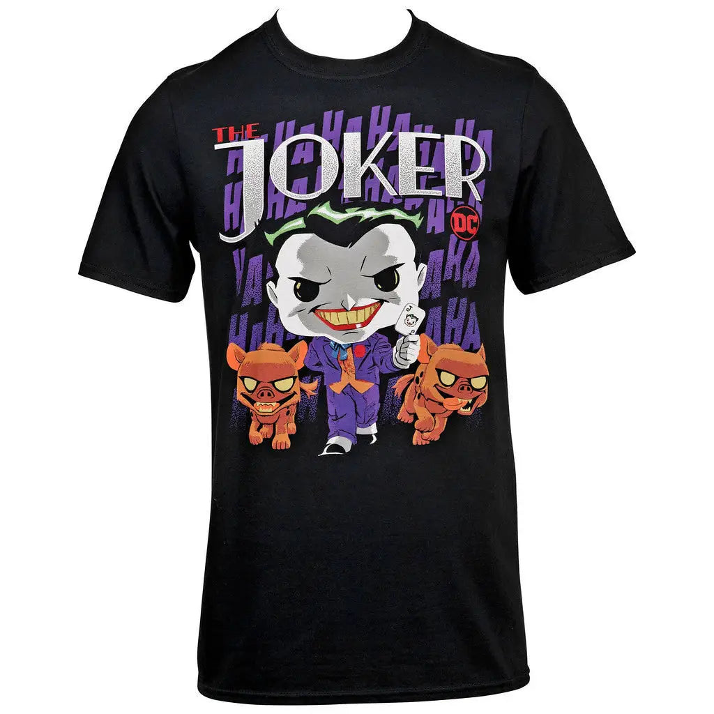 Black Funko Pop Tees T-Shirt featuring cartoon Joker design and DC logo