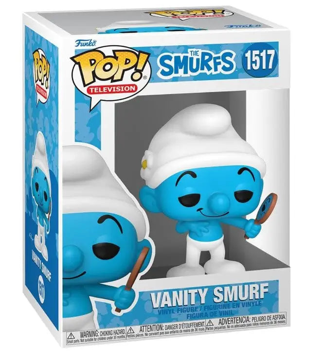 Funko Pop Vanity Smurf figure #1517 in packaging holding a mirror for collectors