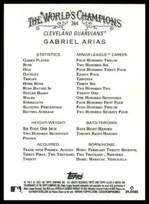 Gabriel Arias Rookie 2022 Topps Allen & Ginter #264 Cleveland Guardians - Baseball Card Single