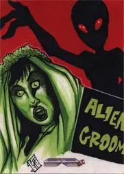 Stylized horror sketch card by Chris Foreman with a green figure on a red background