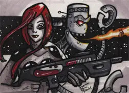 Stylized sci-fi character with red hair and rifle in Galaxgals Danny Devine rare artist sketch card