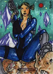 Woman in blue outfit poses with stylized shapes in Jason Sobol Sketch Card artwork