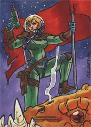 Cartoon space explorer in green suit with ray gun on Mel Celestial sketch card
