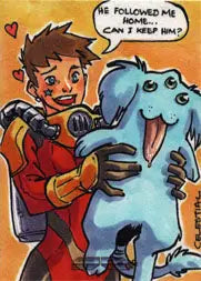 Cartoon boy hugs friendly monster in Galaxgals Mel Celestial sketch card design