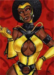 Stylized portrait of Rhiannon Owens in superhero costume on rare artist sketch card