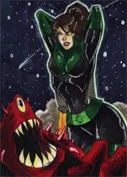 Superhero in green and black jumps over a red monster in Ryan Kincaid sketch card