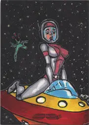 Retro-style Space Woman on Colorful Flying Saucer in Tony Scott Sketch Card Design