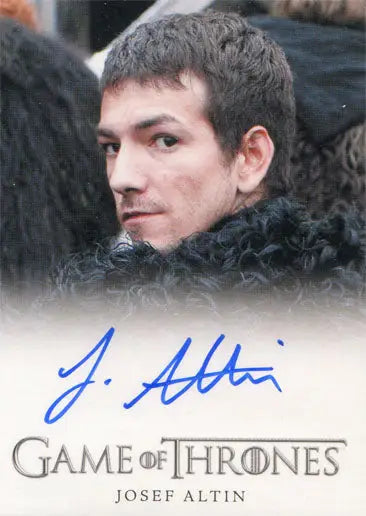 Autographed Game of Thrones trading card of Josef Altin as Pypar close-up portrait