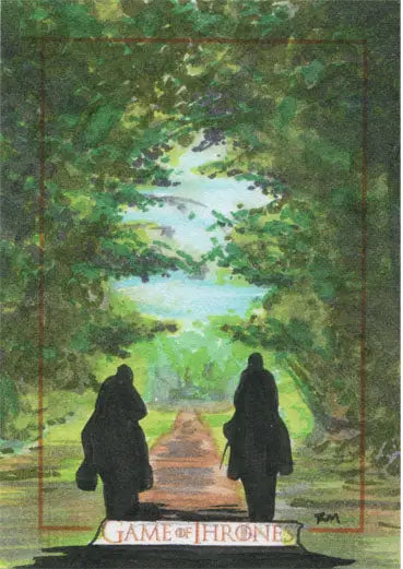 Two silhouetted figures walk on a path in a hand drawn sketch card of Game of Thrones