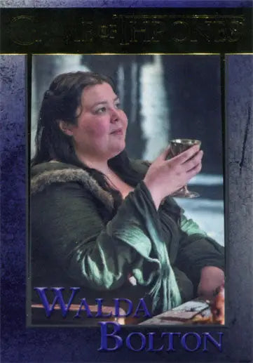 Portrait of Walda Bolton in a green coat holding a cup on a Game of Thrones gold parallel card