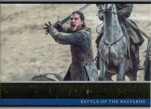 Person shouting with sword beside horse in Game of Thrones chase card artwork