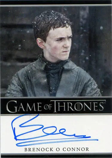 Autographed Game of Thrones trading card of Brenock O’Connor as Olly in snow