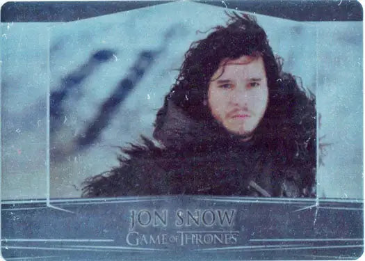 Portrait of Jon Snow in a snowy landscape with a fur-trimmed cloak and Valyrian steel